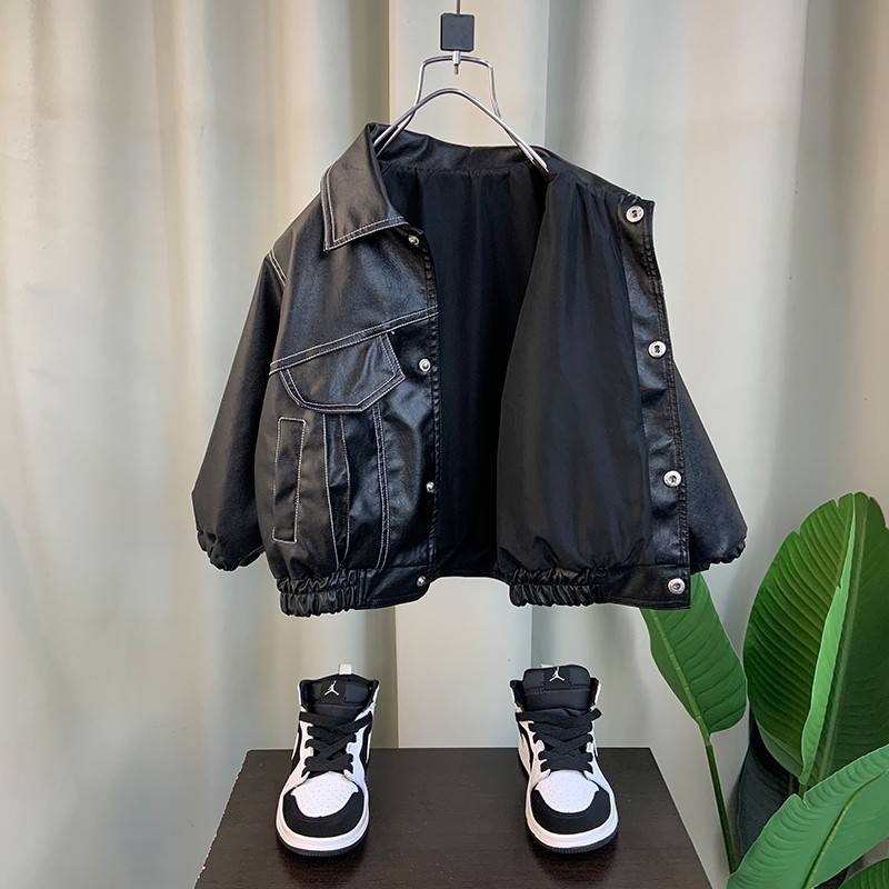 男童春装外套2023新款洋气宝宝春秋季皮夹克上衣儿童韩范酷帅皮衣