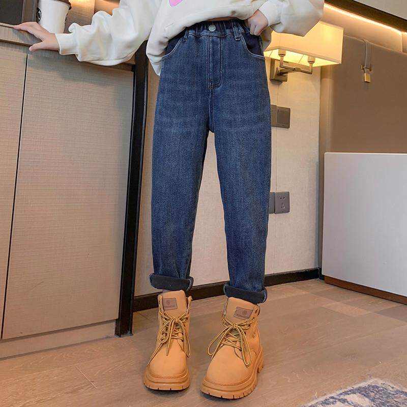 女童裤子秋冬款一体绒外穿女大童新款2023冬季儿童加绒加厚牛仔裤