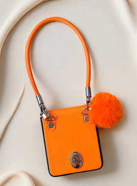 适用三星w25flip手机壳高级橙色zflip6全包铰链novaflip可爱秋冬毛绒华为pocket2斜挎挂绳小米mixflip皮质套