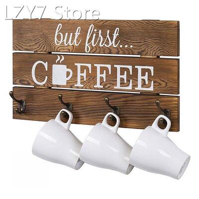 Wooden 5 Hooks Rustic Coffee Mug Holder Wall Mounted Cup Org