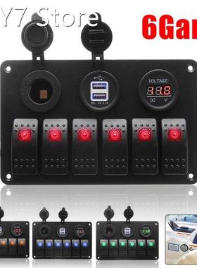 12V-24V 6 Gang LED Rocker Switch Panel Volt Meter Dual USB P