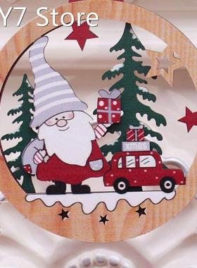 New Christmas Car Gnome Santa Wooden Round Hanging Pendant C