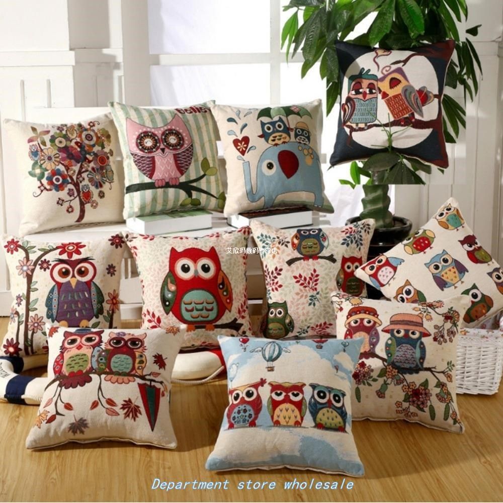 owl cartoon jacquard linen cotton sofa bed cushion cover thr