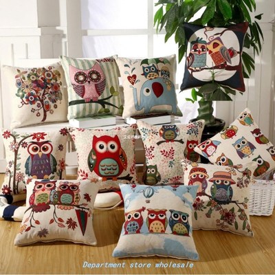 Owl Cartoon Jacquard Linen Cotton Sofa Bed Cushion Cover Thr