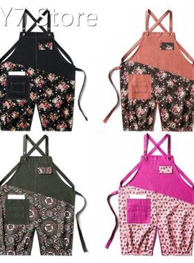R9UC Floral Stitching Canvas Apron Cross Back Adjustable Che