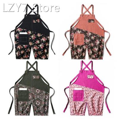 R9UC Floral Stitching Canvas Apron Cross Back Adjustable Che