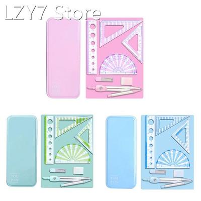 7Pcs Compass Protractor Ruler Set with Portable Box Geometry