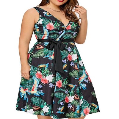 Big yas sveless waist tropical plants printed dress has