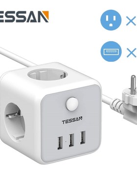 TESSAN EU Power Strip Socket Travel Power Strip with 3 Outl