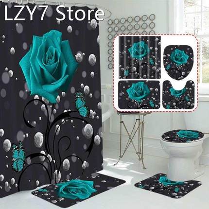 Blue Rose Print 3D Shower Curtain Waterproof Anti-slip Bath