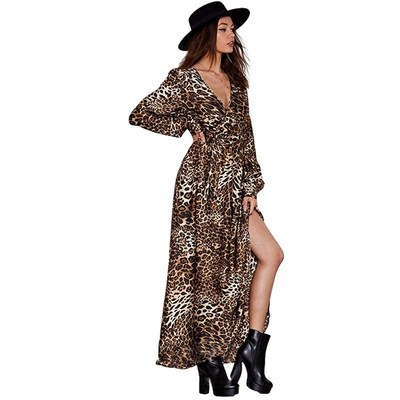 Leopard Dress with Long Sleeves and Deep V-neck Tie and