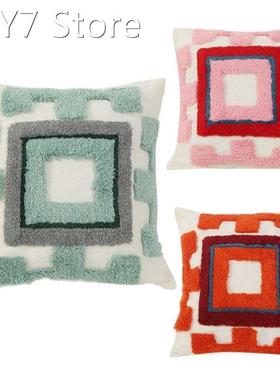 Tribal Boho Tufted Throw Pillow Case Embroidered Square Patt