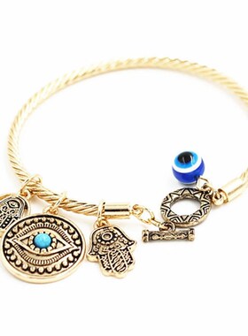 Hamsa Charm Bangle Bracelet GOLD BLUE Protect Hand Evil Eye