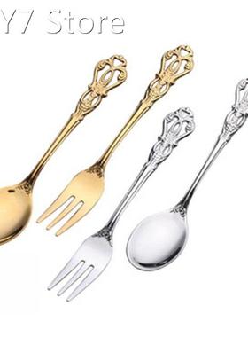 1 Pair Vintage Gold Spoons Fork Cutlery Set Stainless Steel