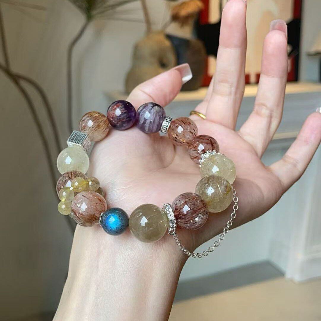 厂家批发天然水晶紫幽灵月光石金发金黑金超14MM高级招财水晶手链