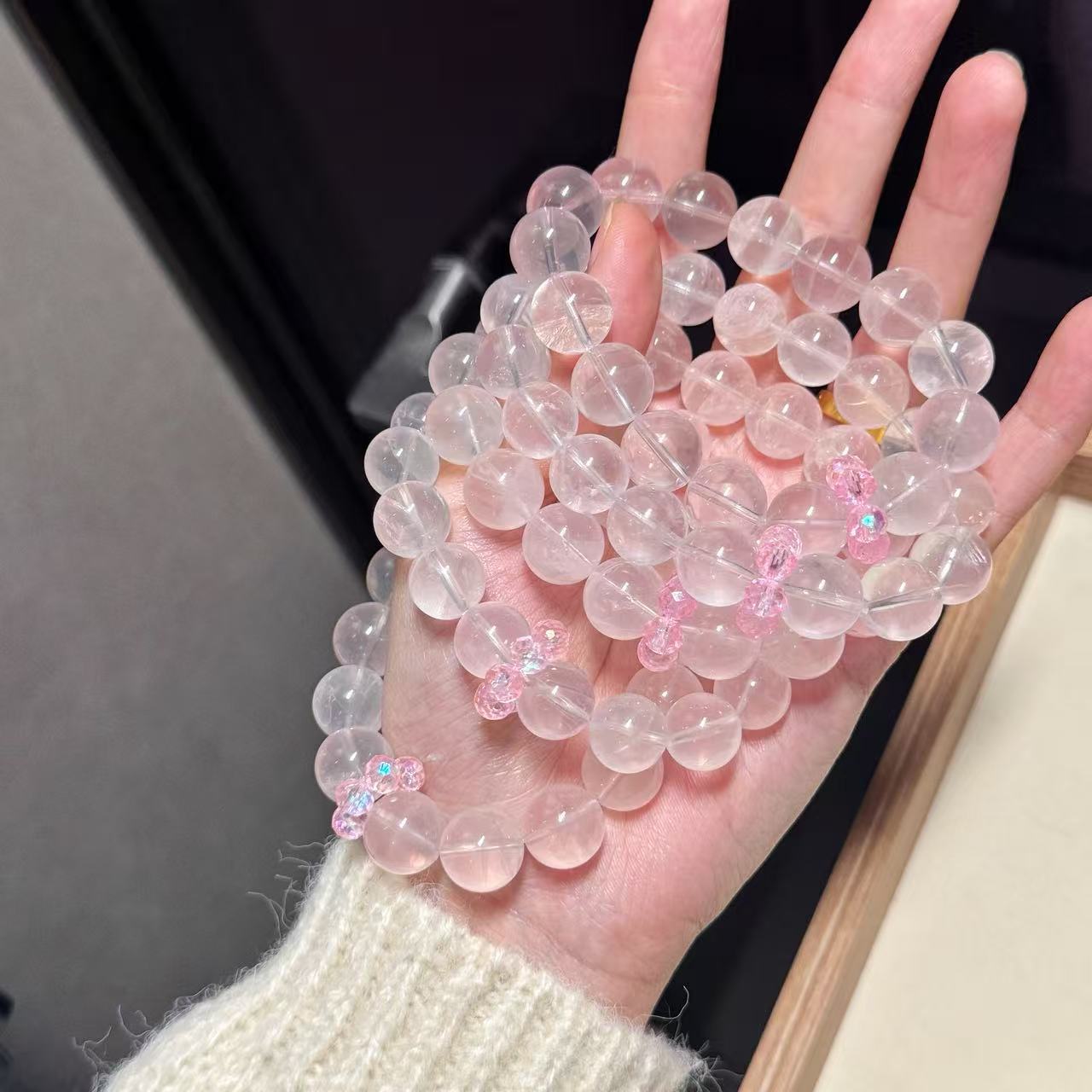 天然六芒星粉水晶+施华洛跑环水晶手串 熊家同款水晶粉水晶手链