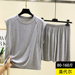夏季 圆领无袖 莫代尔宽松家居服套装 薄款 睡衣女士休闲大码 T恤短裤