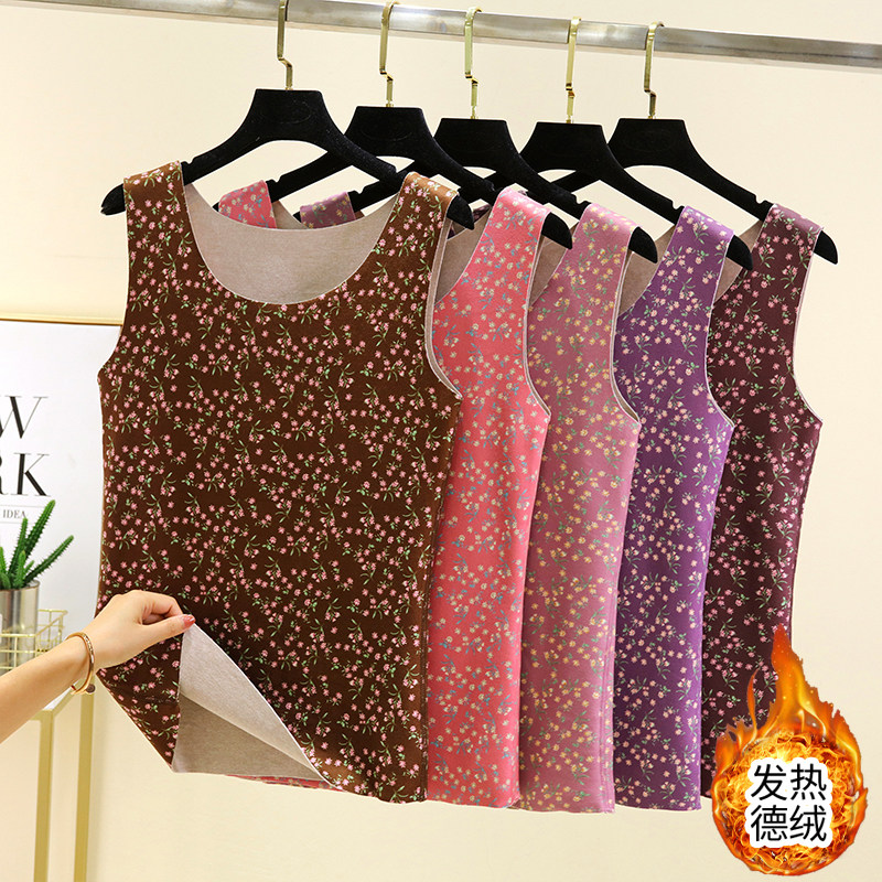 圆领碎花背心加绒无袖上衣