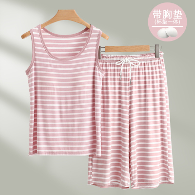 莫代尔胸垫款条纹家居服套装