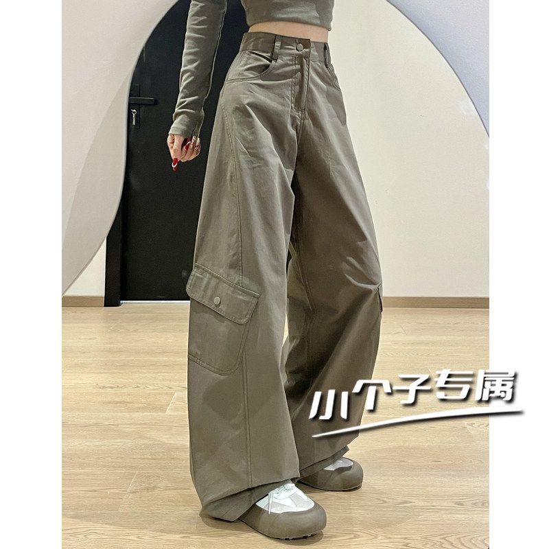美式灰绿色设计感弯刀工装牛仔裤女小个子宽松多口袋直筒阔腿裤子