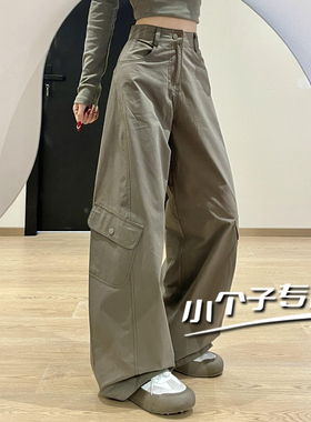 美式灰绿色设计感弯刀工装牛仔裤女小个子宽松多口袋直筒阔腿裤子