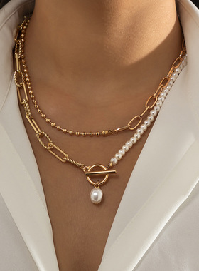 欧美跨境饰品 时尚长款圆珠链条叠戴项饰 复古风个性珍珠ot扣