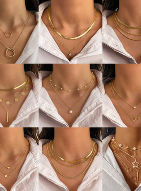 热销个性多层叠戴项链欧美跨境项链女小坚条吊坠锁骨链necklace