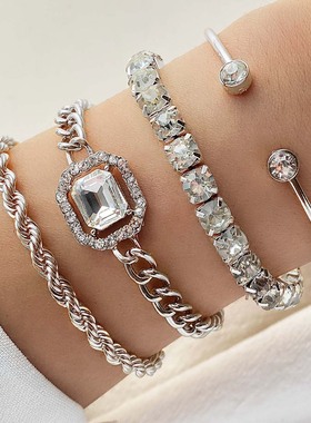 欧美跨境饰品 复古个性麻花手链仿宝石夸张朋克手镯手链4条装批发