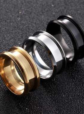 素圈8mm宽双斜边凹槽龙纹坯钛钢男女潮流金色戒指