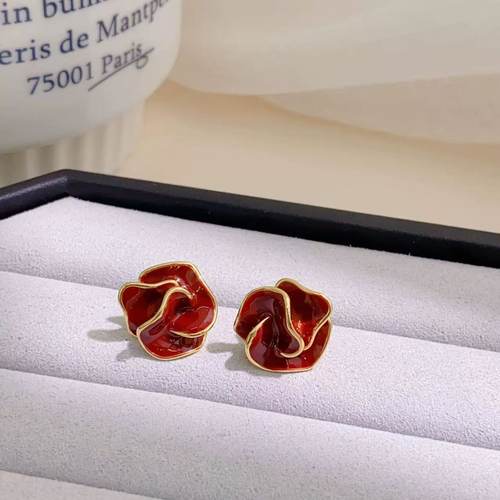 酒红滴釉复古风耳钉时尚小巧百搭耳饰N4142