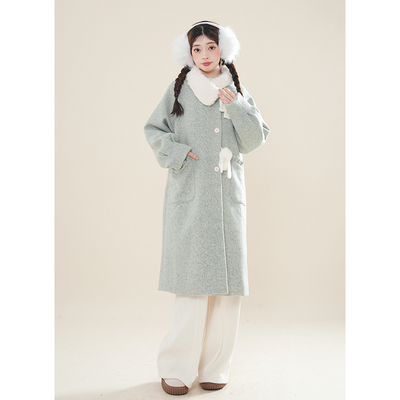 毛毛娃娃领加厚外套女冬季斜门襟绿色中长款毛呢甜美森系可爱大衣
