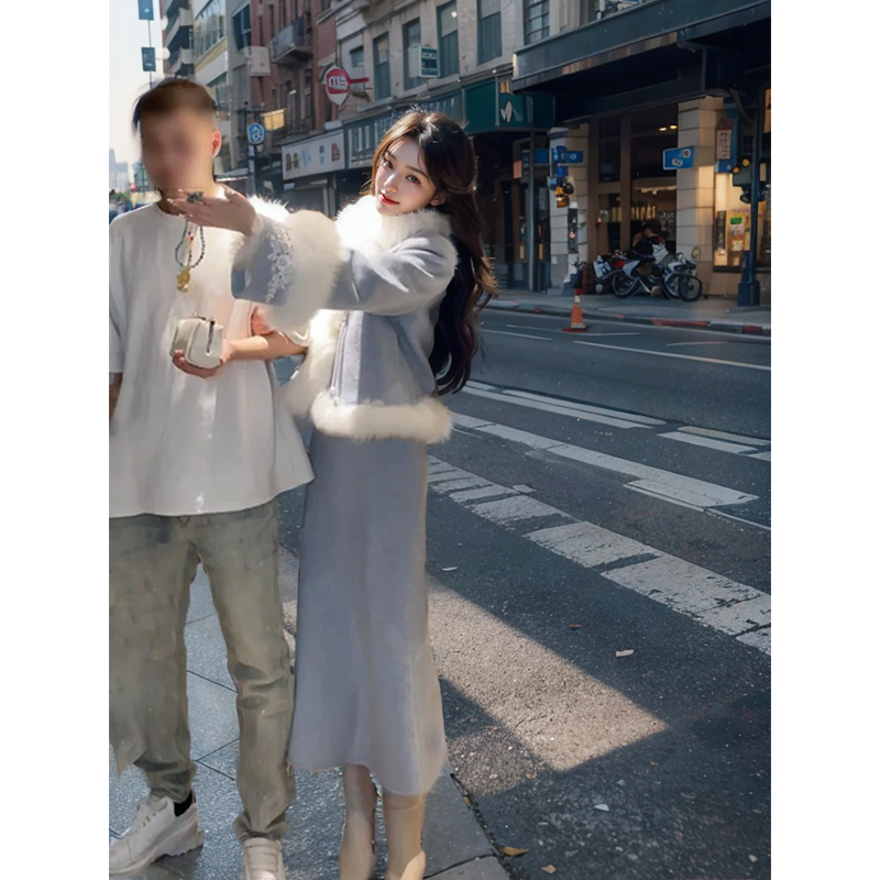 良辰美景  拼接毛毛蓝色短外套上衣鱼尾半身裙长裙两件套装秋冬女