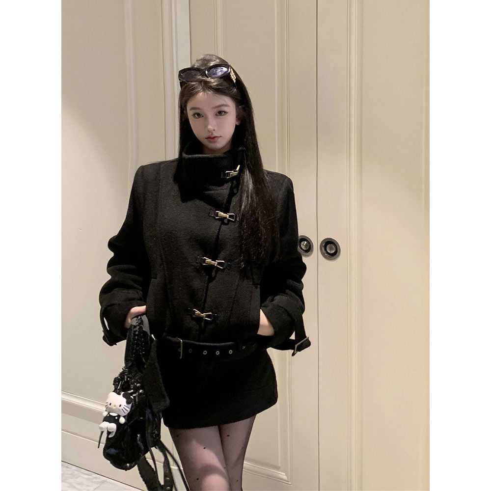 【千金缔造者】黑色毛呢加厚立领短外套+半身短裙小个子冬季套装