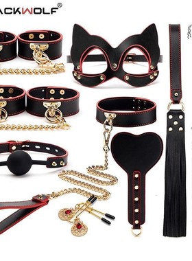 BLACKWOLF BDSM Bondage Kits Genuine Leather Restraint Set Ha
