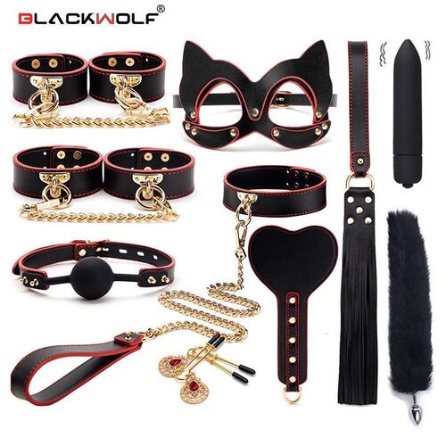 BLACKWOLF BDSM Bondage Kits Genuine Leather Restraint Set Ha