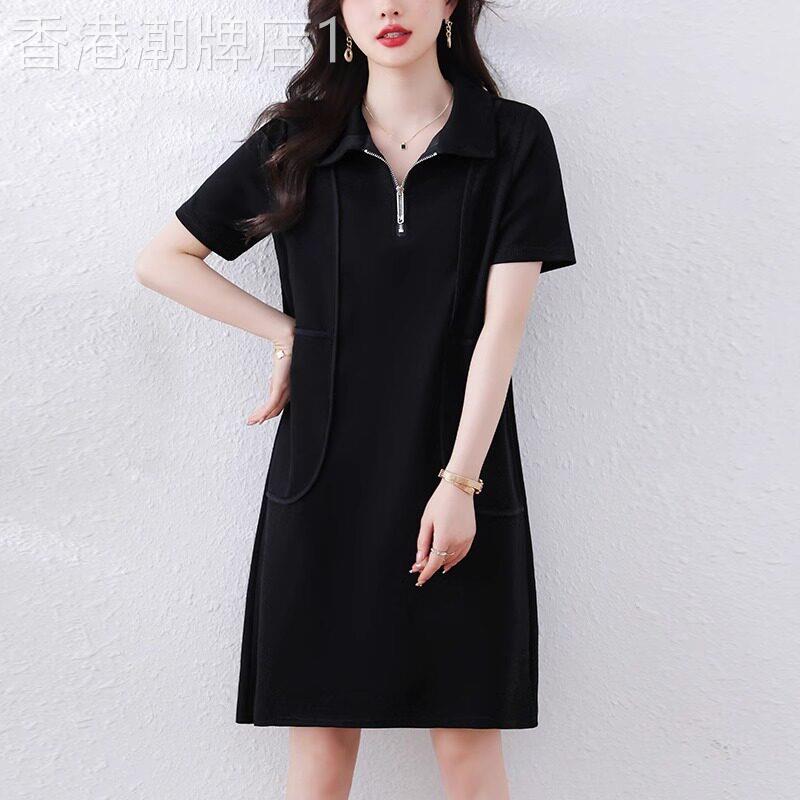 欧洲站大尺码宽松拉炼翻领洋装女2025夏装新款显瘦短袖中长版裙子