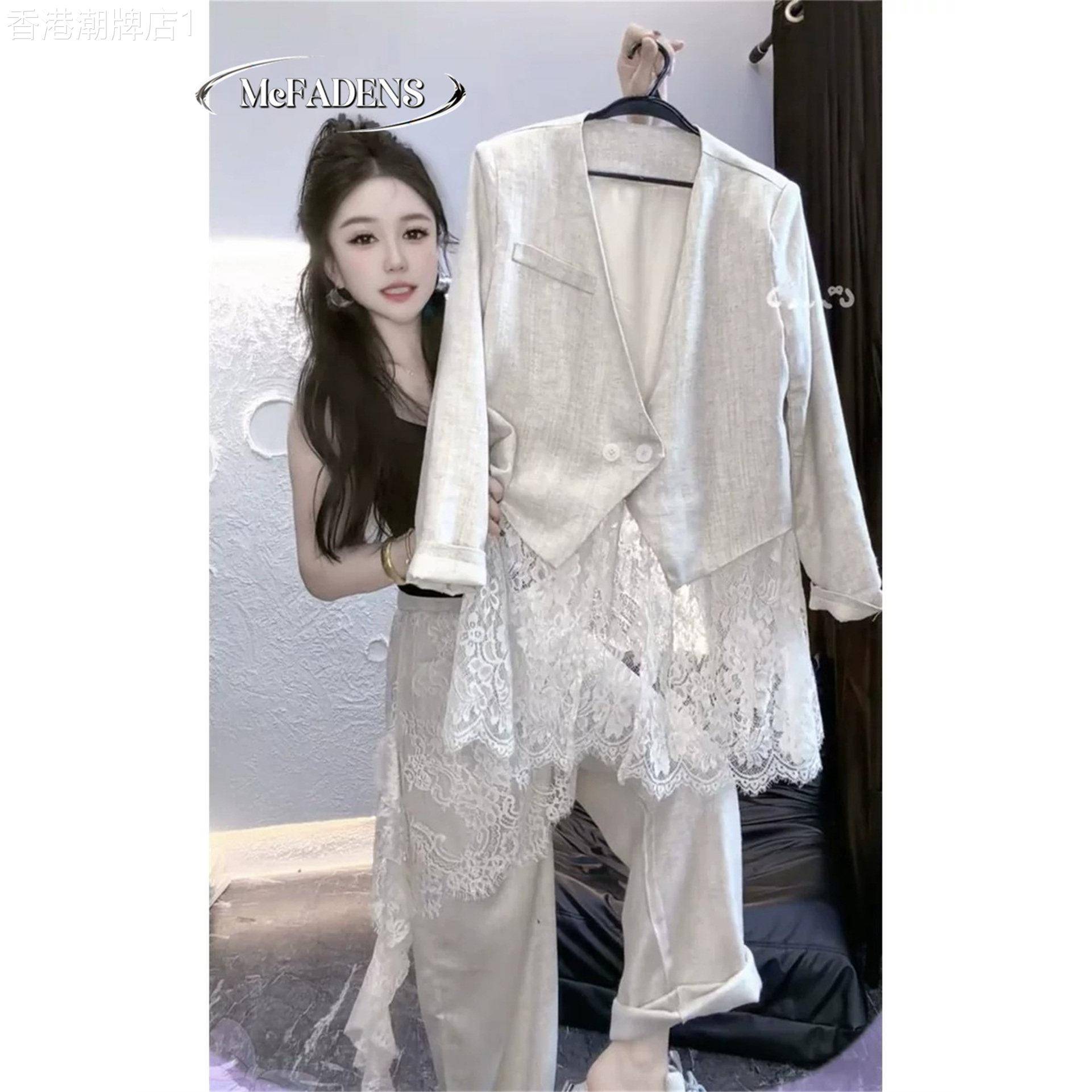 香港2026春夏新款亚麻三件套女欧货蕾丝拼接西服外套+屁帘+阔腿裤