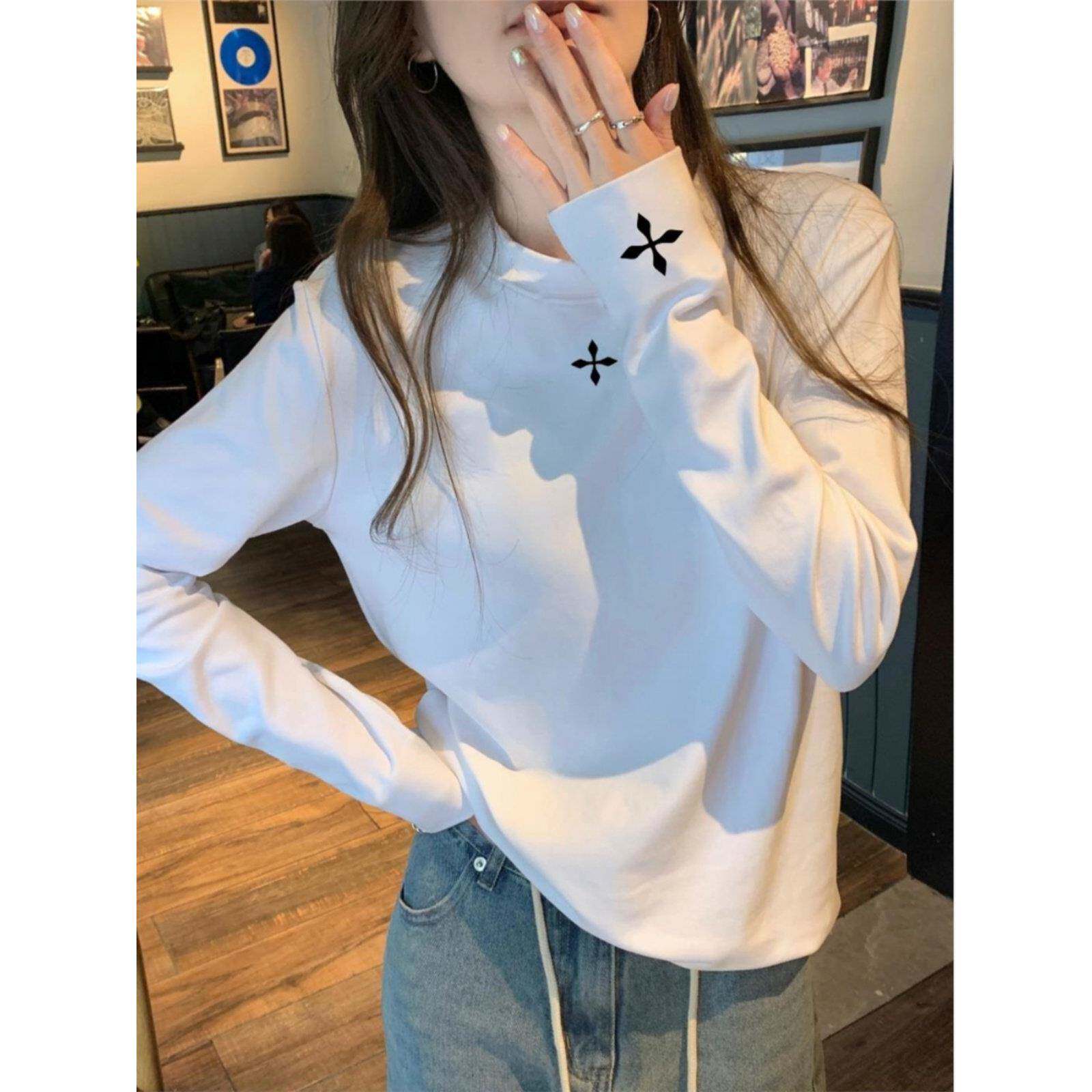 白色圆领印花德绒打底衫女春秋季韩版纯棉长袖T恤宽松保暖上衣