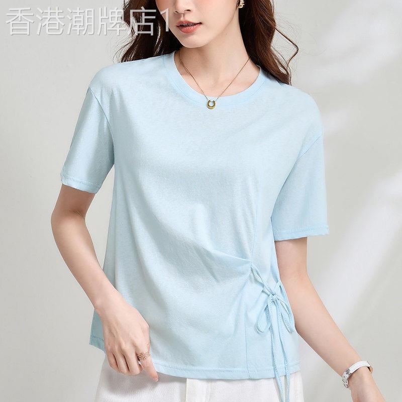 纯棉蓝色绑带圆领正肩短袖T恤女夏季甜美气质收腰显瘦短款上衣