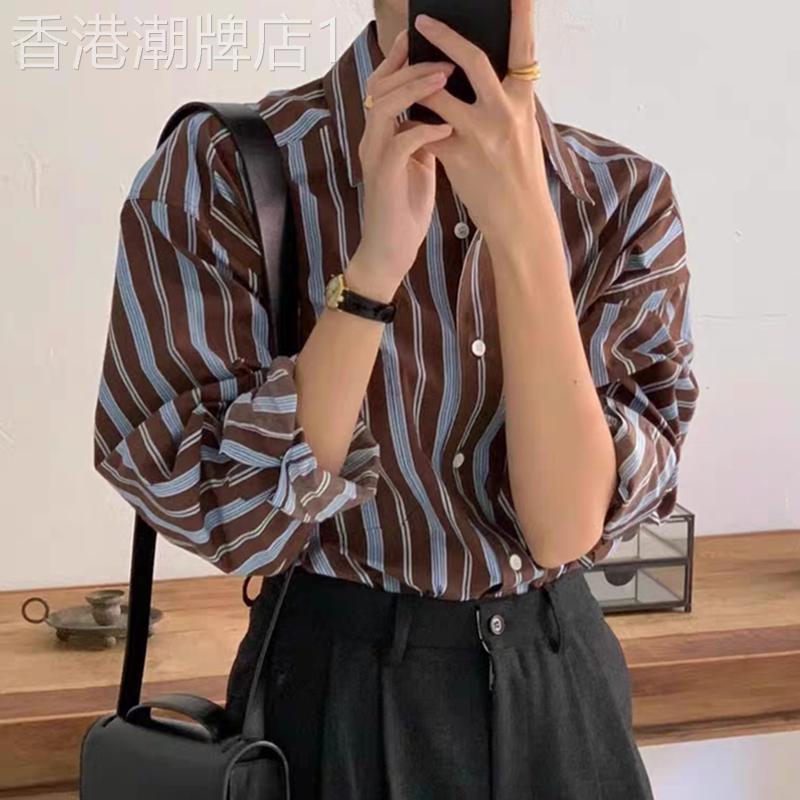 2025秋新款条纹衬衫外套女宽松撞色外搭港味衬衣内搭翻领叠穿上衣
