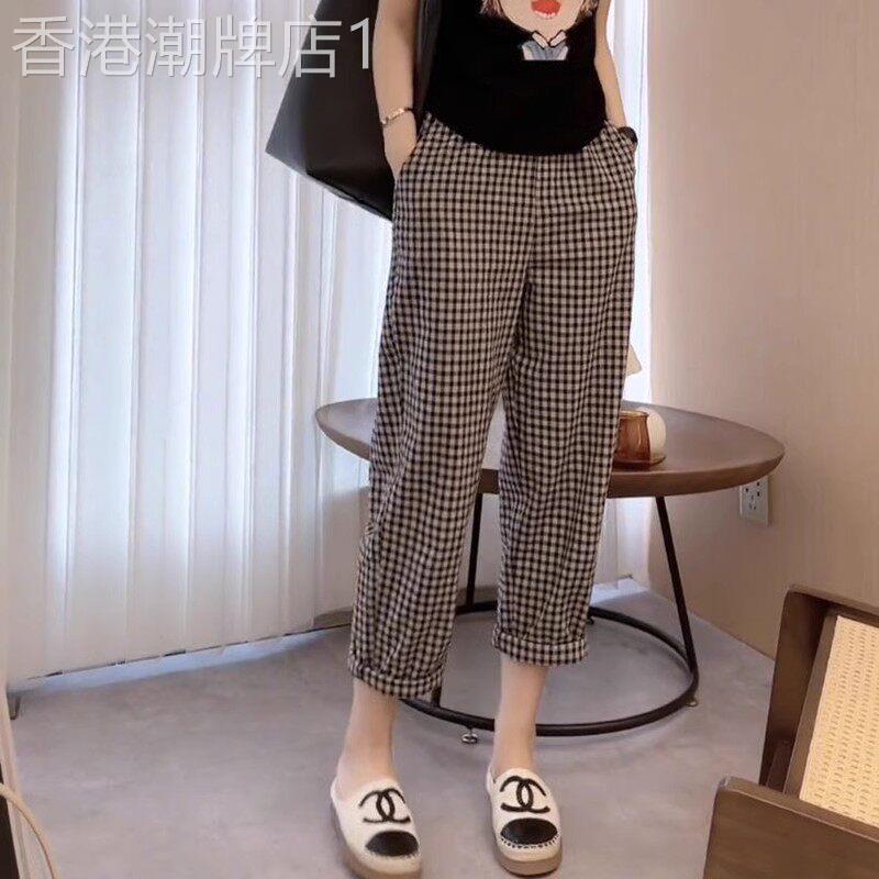 黑白格子休闲裤女夏季新款大码梨型身材高腰宽松遮胯显瘦哈伦裤子