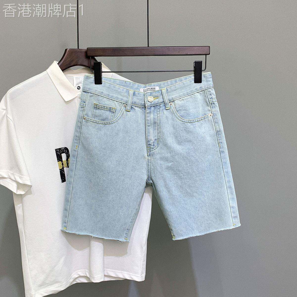 潮牌牛仔短裤男士夏季薄款毛边浅蓝色五分裤时尚百搭直筒休闲男裤