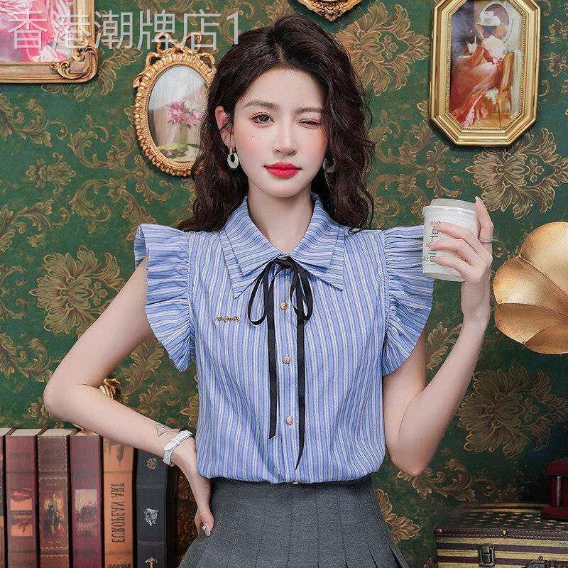蓝色条纹衬衫女士短袖夏季薄款2026新款法式设计感小众1/4吋套筒