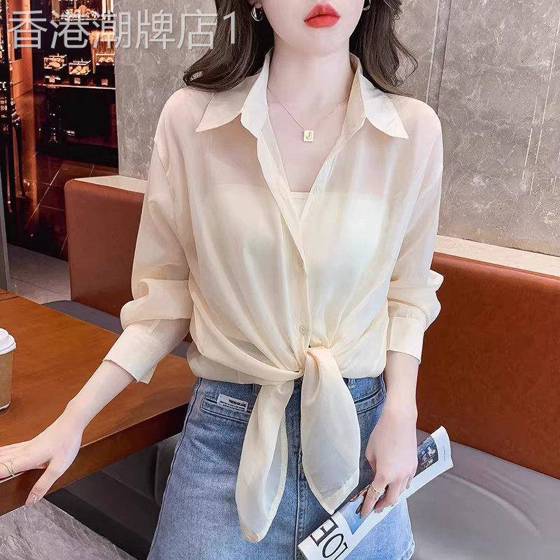 杏色POLO领系带雪纺衬衫女夏季欧货通勤长袖收腰防晒百搭薄款上衣