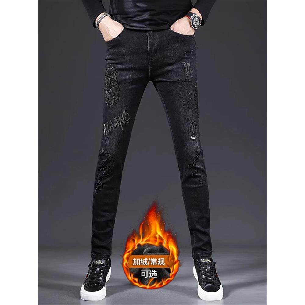 欧货刺绣牛仔裤男款秋冬新款黑色修身小脚弹力加绒加厚休闲长裤子