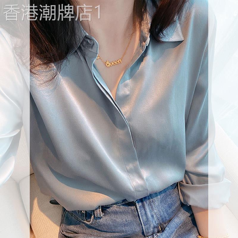 气质高级感缎面衬衫春季新款女宽松设计感雾蓝色长袖衬衣外穿上衣