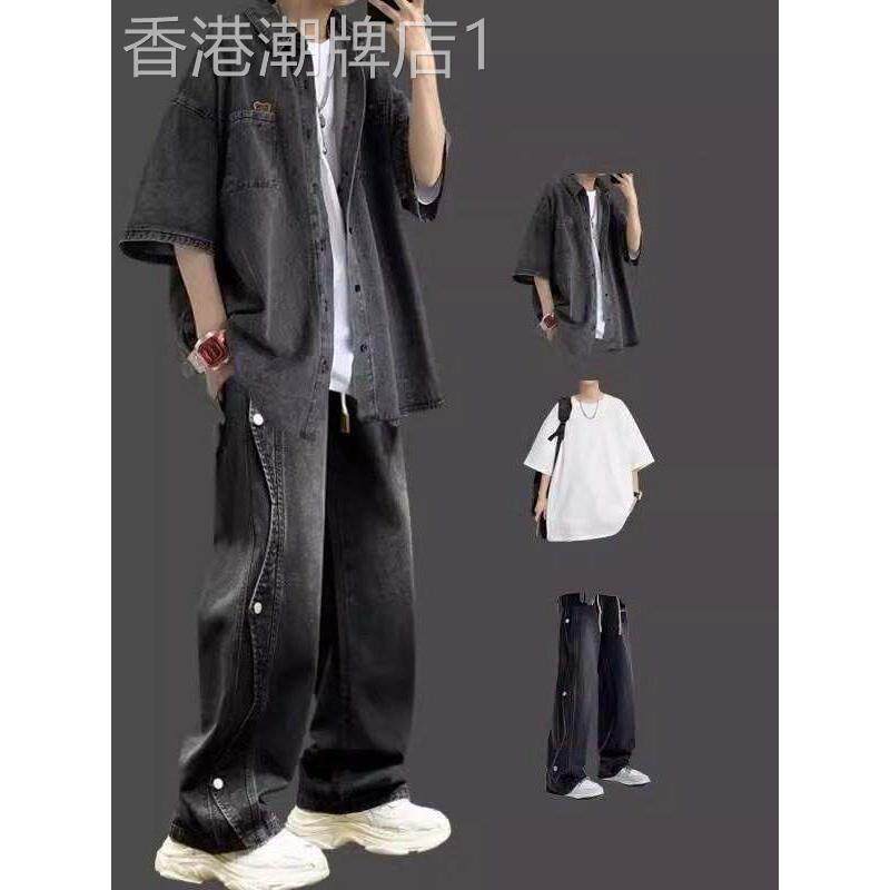 衬衫套装男士夏季美式潮牌宽松痞帅青少年短袖长裤男装穿搭一整套