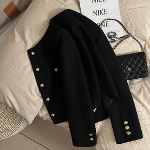 韩国黑色短款小香风西装外套女秋冬季新款时尚气质粗花毛呢上衣潮