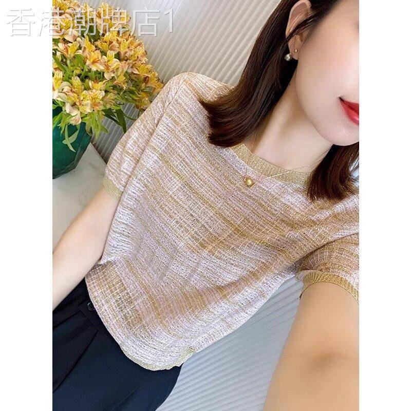 格子短袖针织上衣女2026夏新款女装气质淑女修身显瘦修身减龄T恤