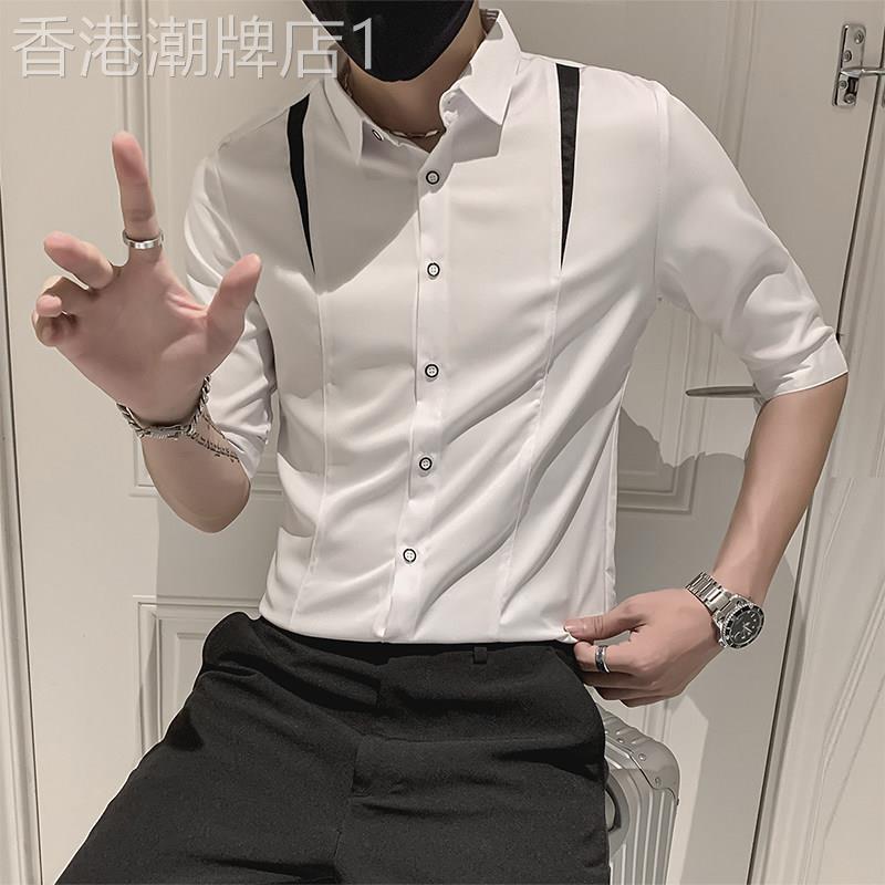 短袖衬衫男士夏季冰丝七分袖高级感修身衬衫美式潮牌修身半袖上衣